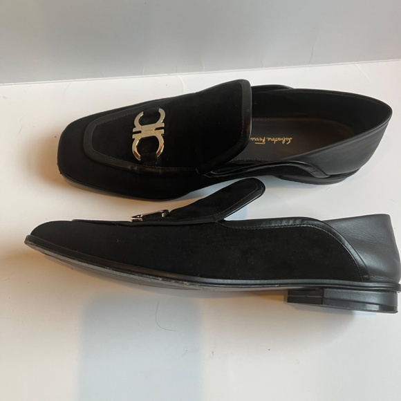 SALVATORE FERRAGAMO Lana Gancini Square Toe Block heel Loafers Black Gray Shoes - Picture 11 of 15